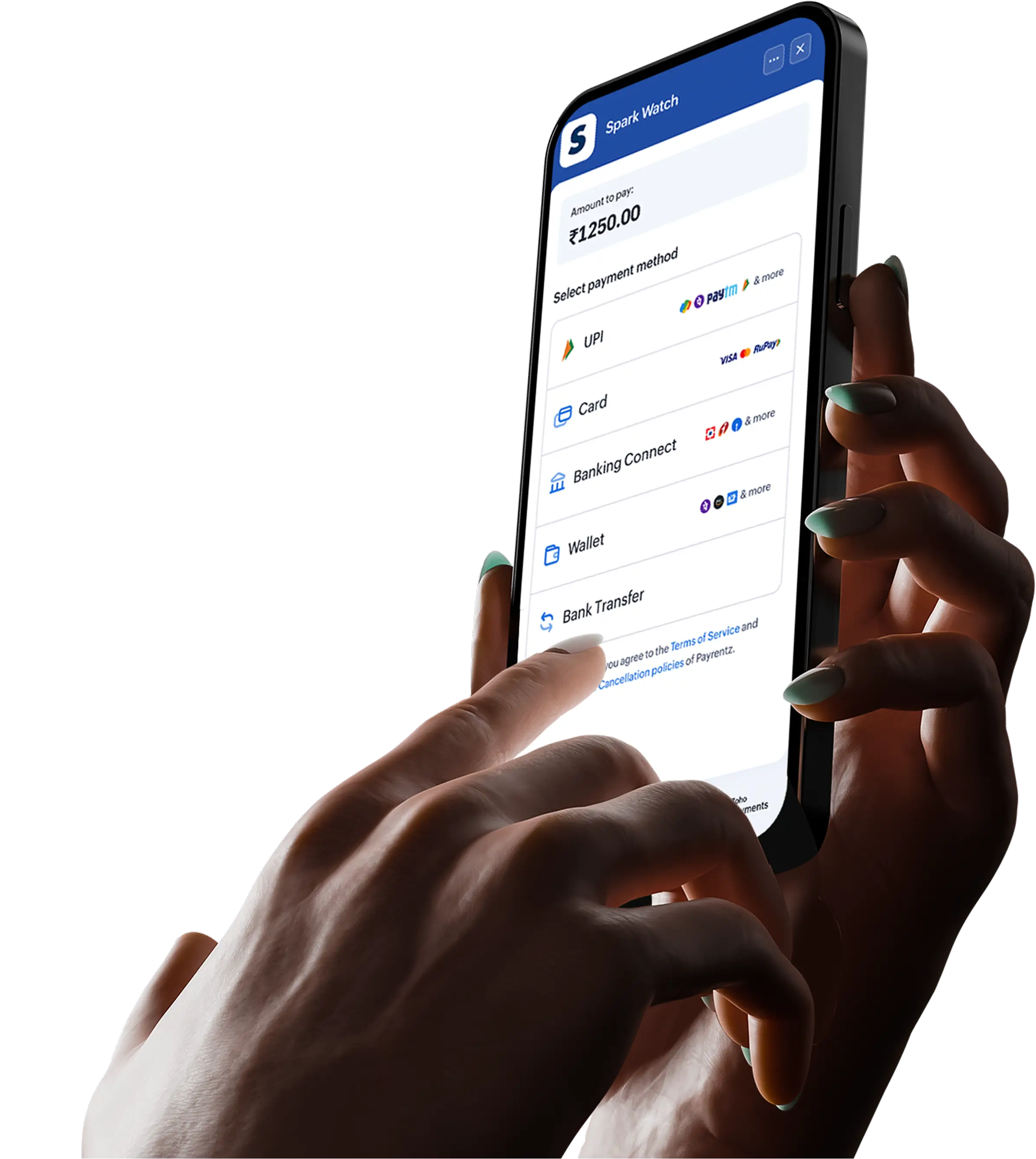 Person holding a smartphone showing an online payment checkout screen