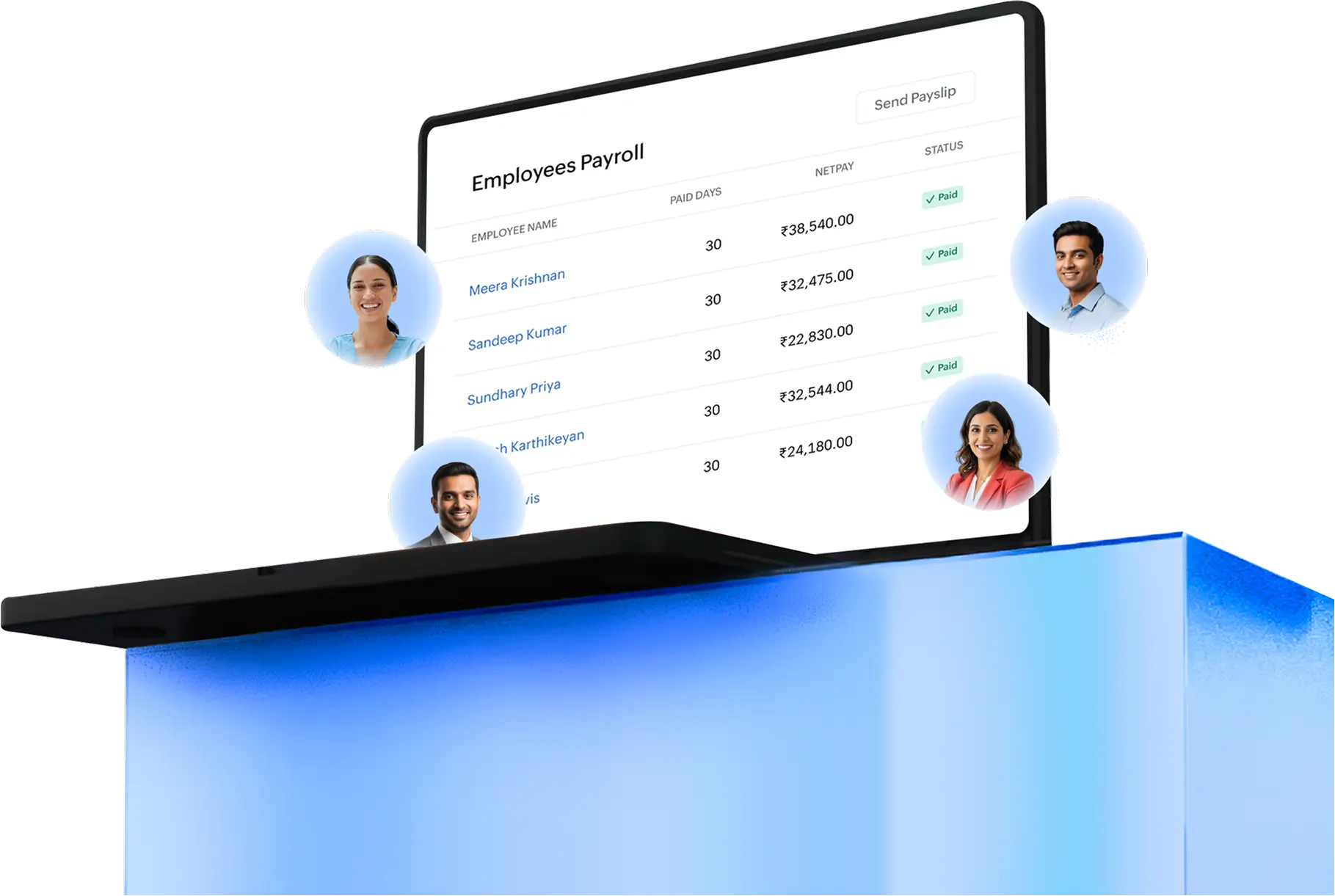 Payroll management dashboard showing employee salary disbursements