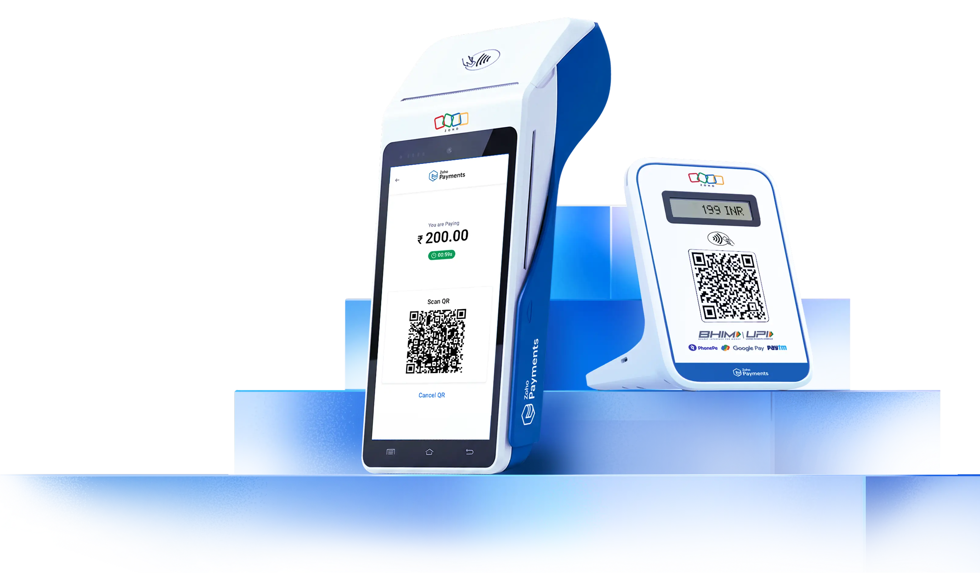 All-in-One Android POS showing a UPI QR code on screen for a ₹200 payment