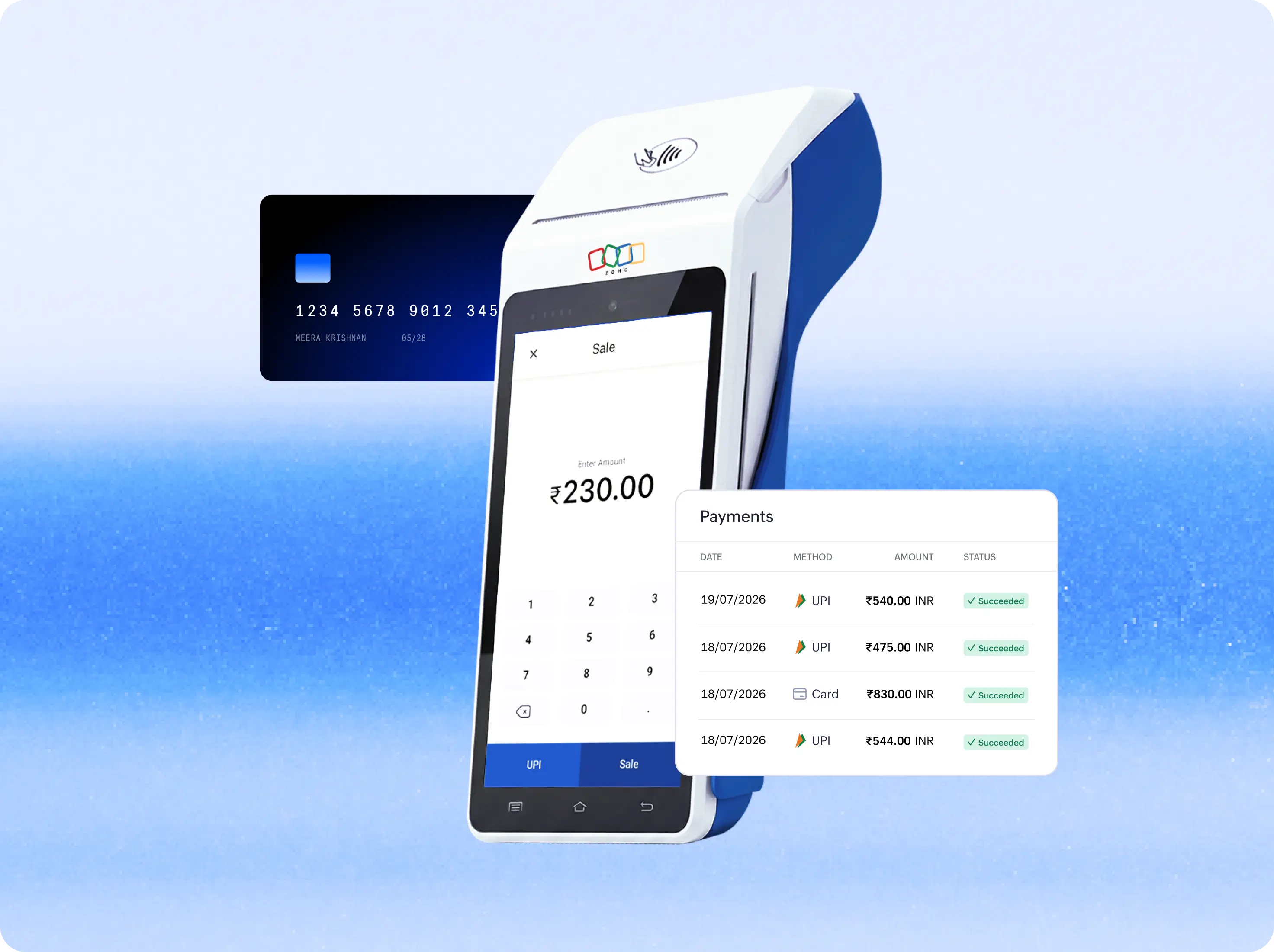 POS Mini countertop device displaying a UPI QR code with BHIM UPI, PhonePe, Google Pay, and Paytm support